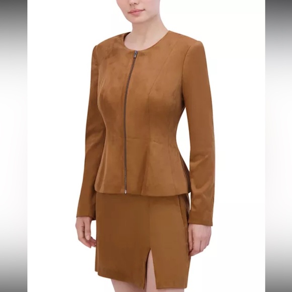 BCBGMaxAzria Jackets & Blazers - BCBGMAXAZRIA Faux Suede Jacket Cognac Zip Front Peplum Hem NWT Sz 2